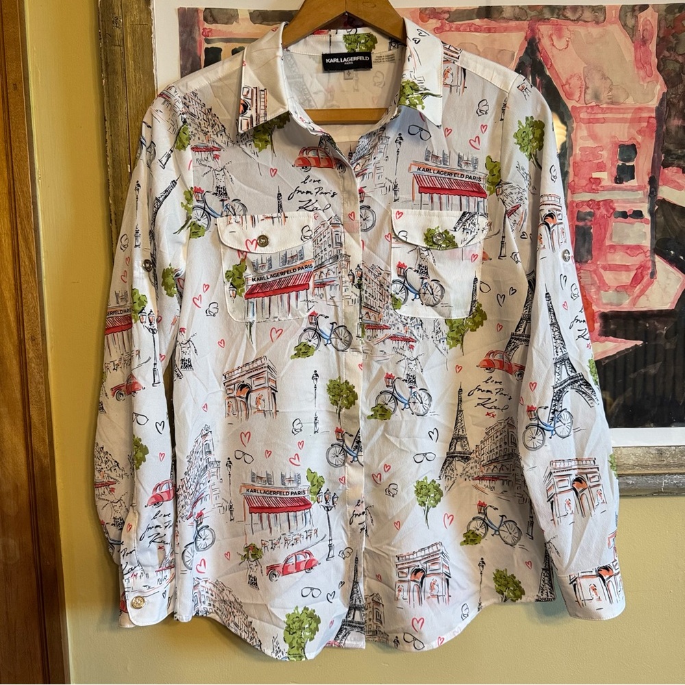Karl Lagerfield Paris Size Small S Tab Sleeve Paris Print Button Up Pockets